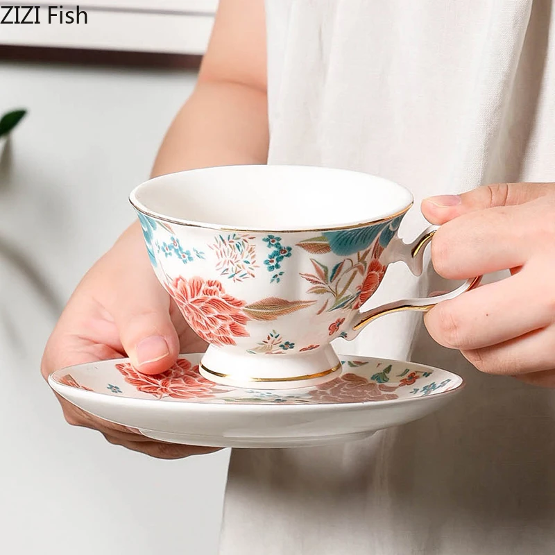 Floral Blooming Painted Cup&saucer Golden Edge Porcelain Coffee Mug Dining Table Afternoon Tea Teacup Fruits Juice Cup Mugs