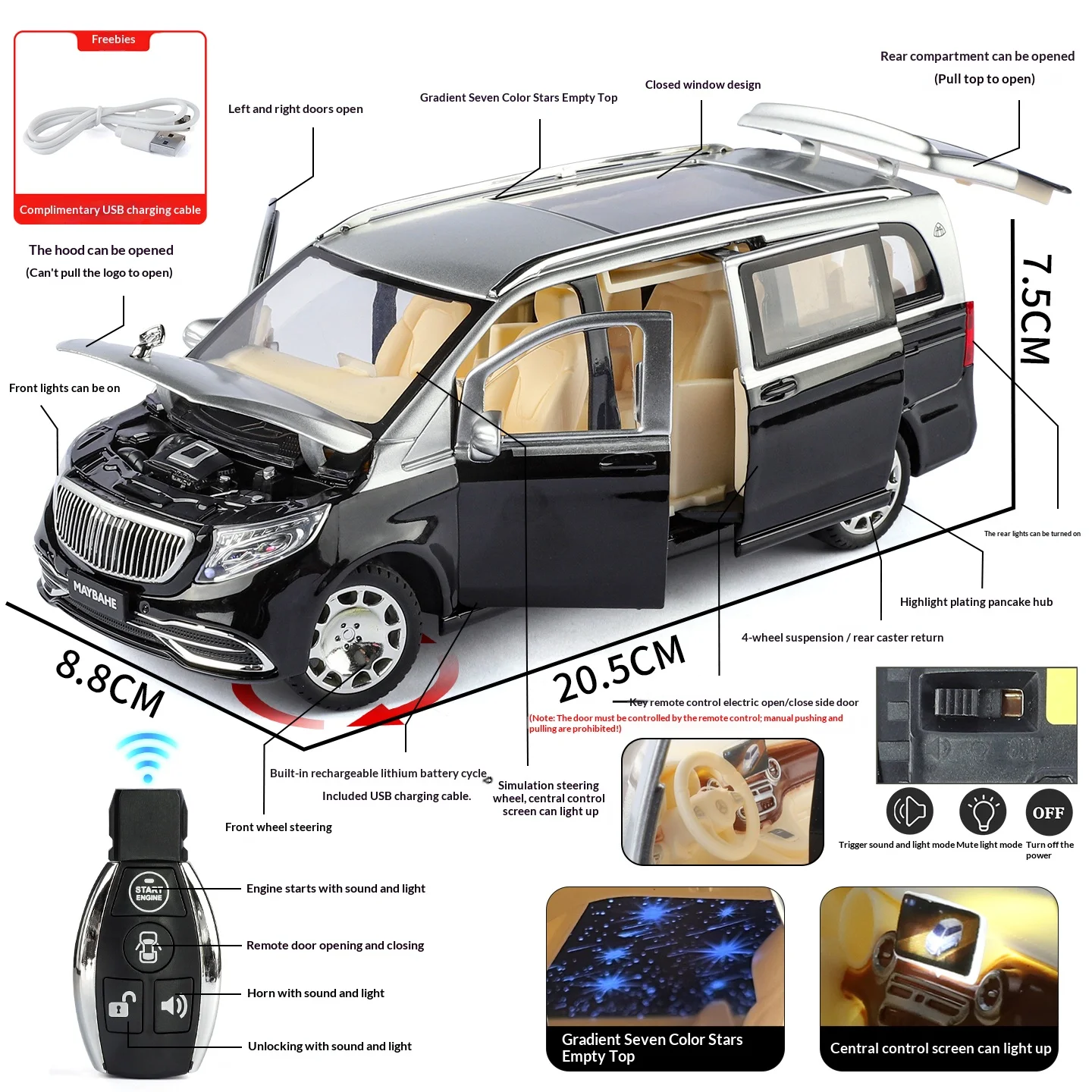 1/24 Scale VS680 Alloy Die-Cast Car Model with Remote Control Simulation Sound Light Tire Steering Boyfriend Gift