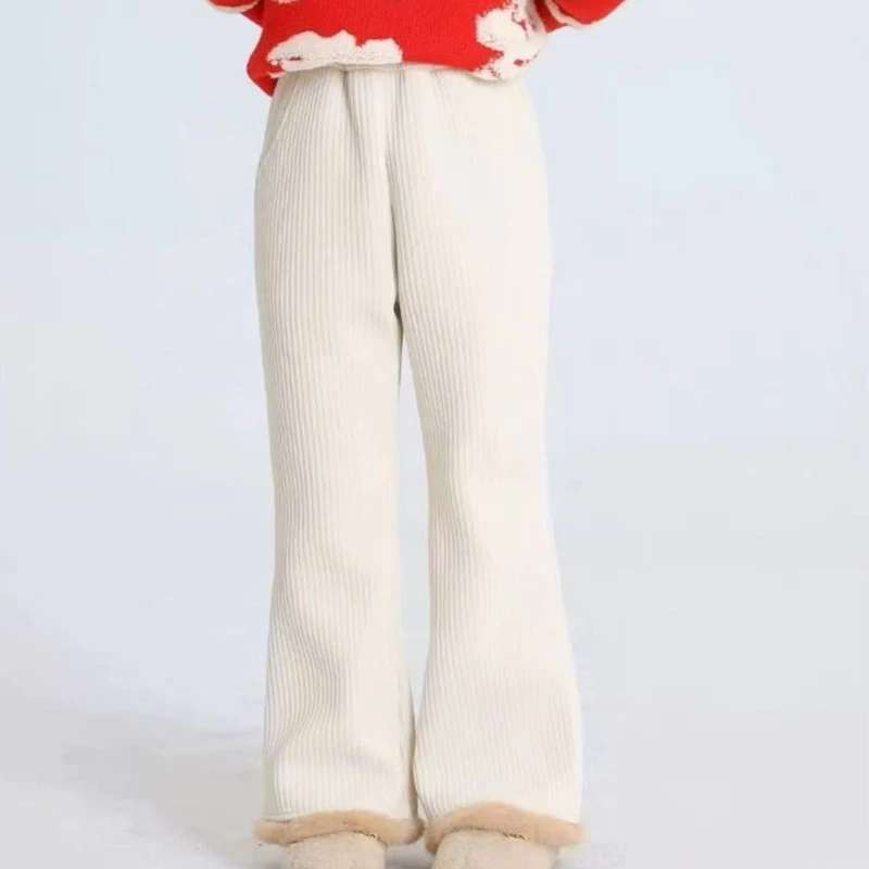 Girls Fleece Flare Pants Winter Thick Warm Bell Bottom Trousers Kids Casual Long Pants