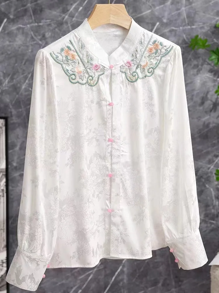 

High Quality Mulberry Silk Heavy Industry Embroidery Jacquard Stand Collar Silk Shirt New Chinese Style Top Blouses Elegantes