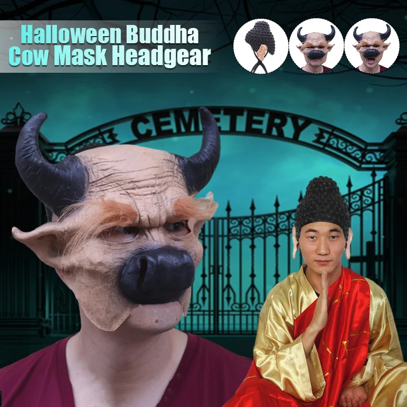 

Cow Horn Animal Mask Funny Buddha Head Hood Novelties Cosplay Latex Mask For Men Halloween Masquerade Props