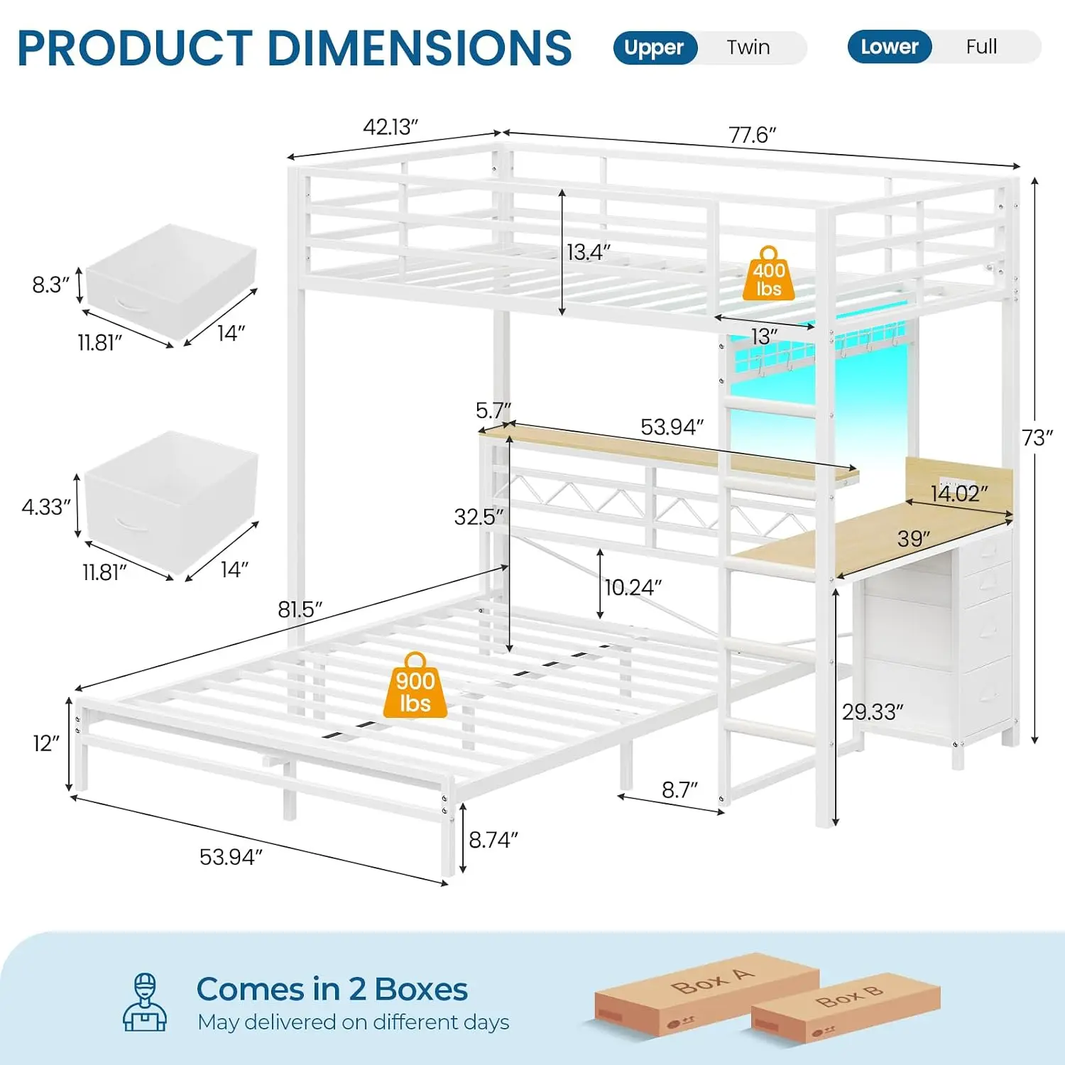 Twin Over Full Size Bunk Bed with Desk, 4 Storage Drawers and Practical Headboard, Bunk Bed /Teens with, Customized