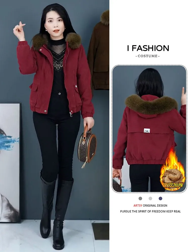 

Faionable Women's Winter Coat 2026 New Arrival Thiened Fce Lined Hooded Zipper Cotton Jaet High-End Feel Warm Top