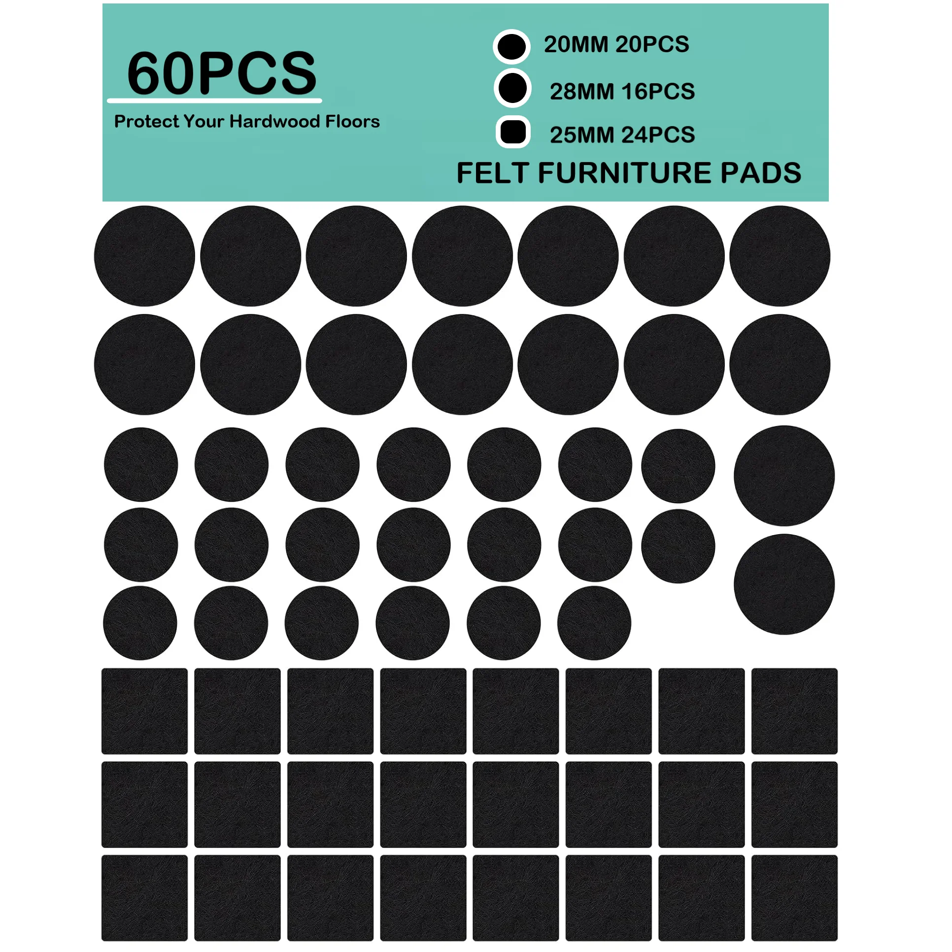 Pack of 60 Self-Adhesive Black Felt Pads Anti-Scratch Furniture Leg Protectors 3mm Thick Noise Reduction for Chairs