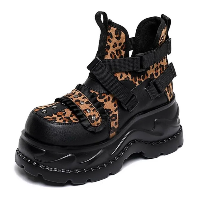 

8CM High Leopard Lace Platform Ankle Boots for Women Fashion Design Thick Bottom Women's Boot Punk Lolita Retro Shoes for Women