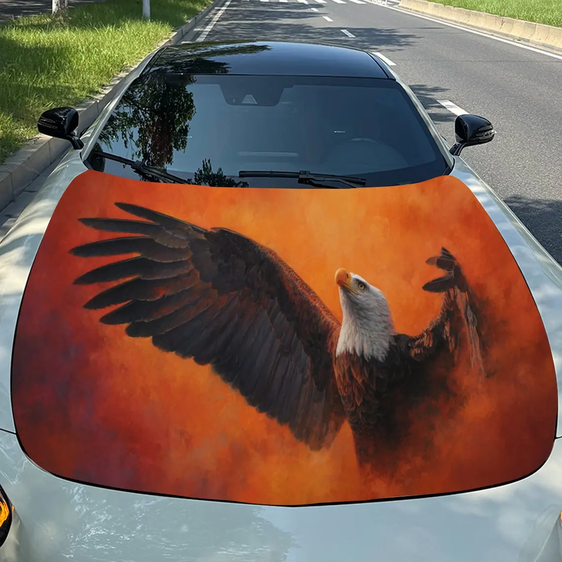 Car Decals Eagle with Spread Wings Design, featuring an eagle with its wings fully extended against a fiery - hued backdrop Car