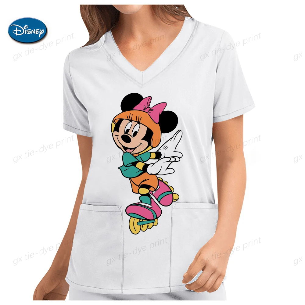 Disney Mickey Mouse print Nurse Working Blouse Medical Overalls Uniforms Healthcare Nurse Uniform Womens Short Sleeve V Neck