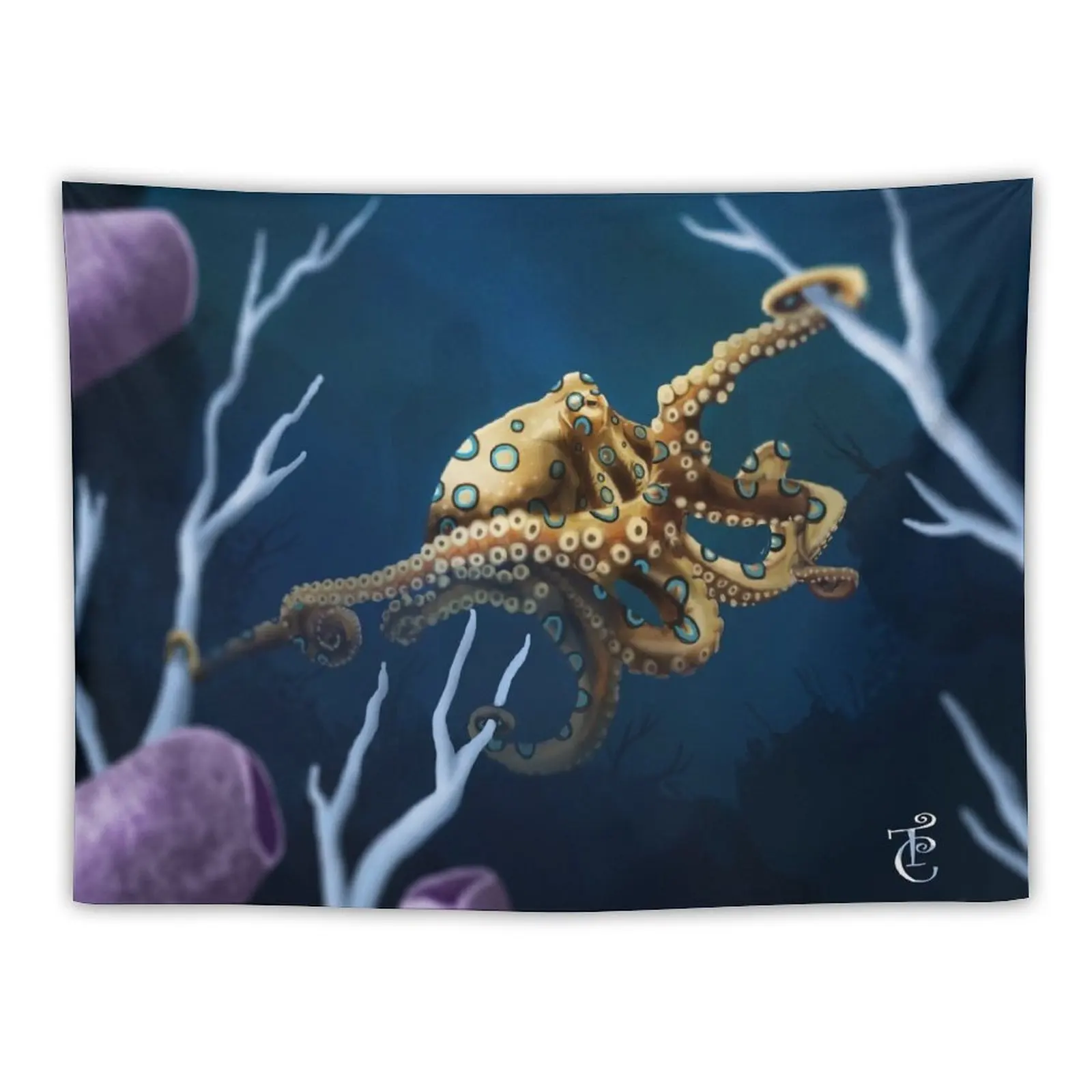 

New Blue Ringed Octopus Tapestry Japanese Room Decor Wall Hangings Decoration Room Aesthetic