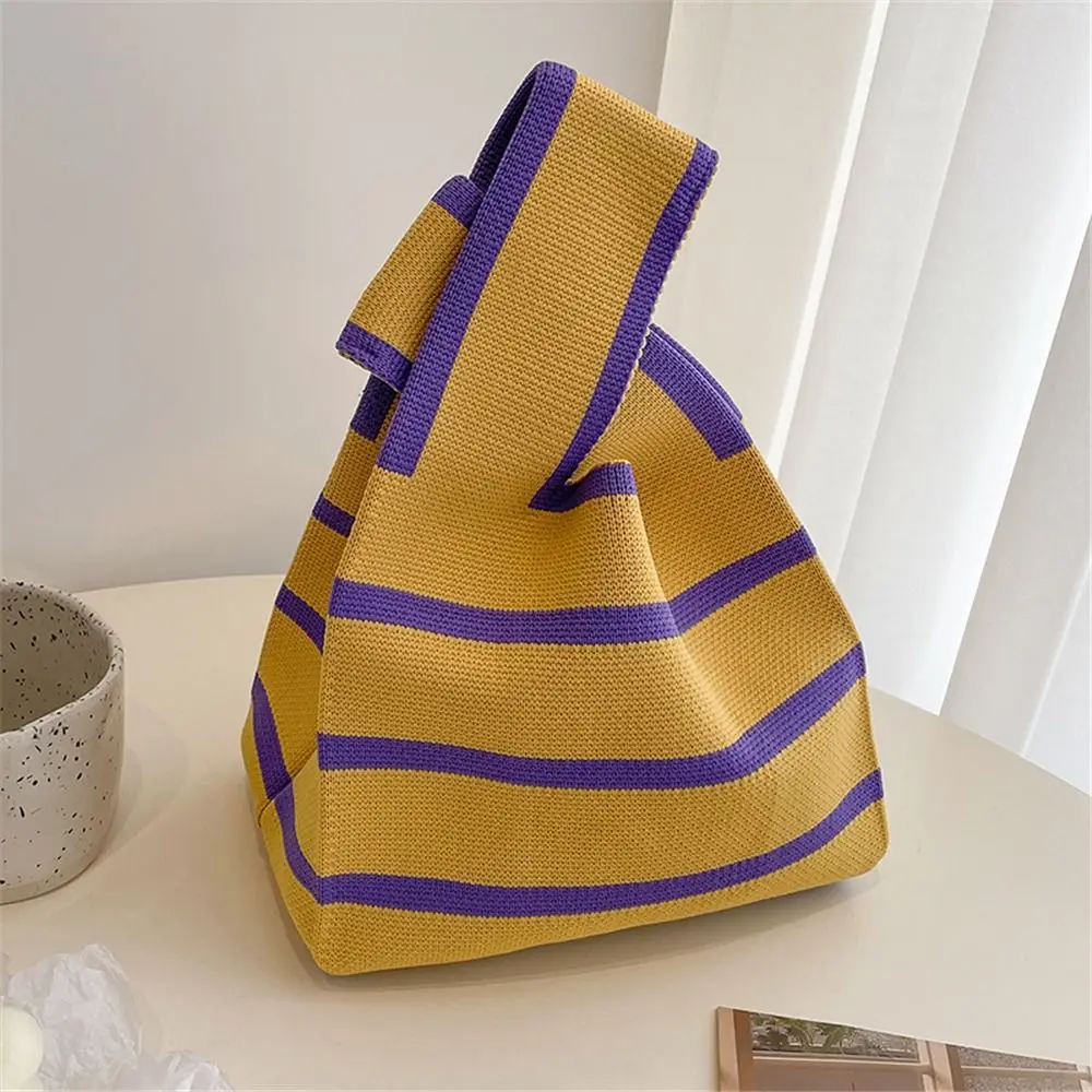 Casual Reusable Wide Stripe Plaid Tote Bag Shopping Bags Knit Handbag Knot Wrist Bag