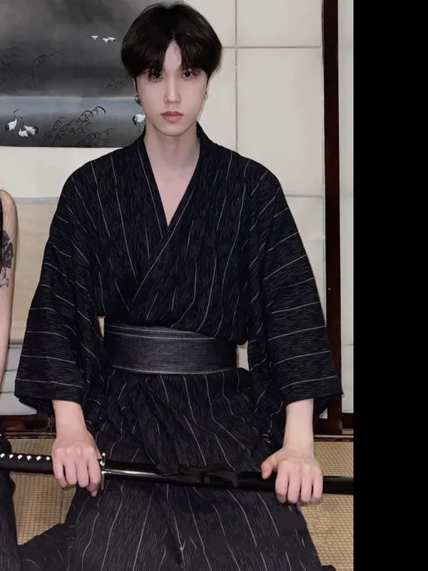 Black Kimono Men's Bathrobe Japanese Style Samurai Suit Formal Wear Photography Costume Traditional Ethnic Stage Performance