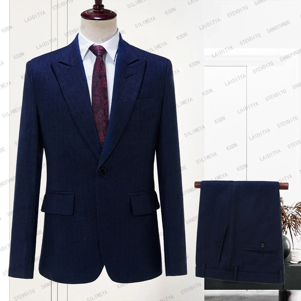 

2023 Business Men's Blazer Trousers Denim Stripe Casual Groom Wedding Dress Formal Banquet Slim Fit Suit 2 Pcs Set Jacket Pants