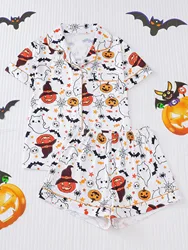 Halloween pumpkin bat print pajama set for women comfy short-sleeved roll-neck shirt and loose shorts loungewear for women