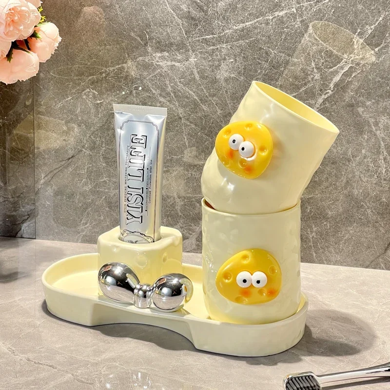 Cheese Shape Mouthwash Cup Set Washbasin Wash Cup Set Home Bathroom Storage Rack Electric Toothbrush Holder Bathroom Accessories