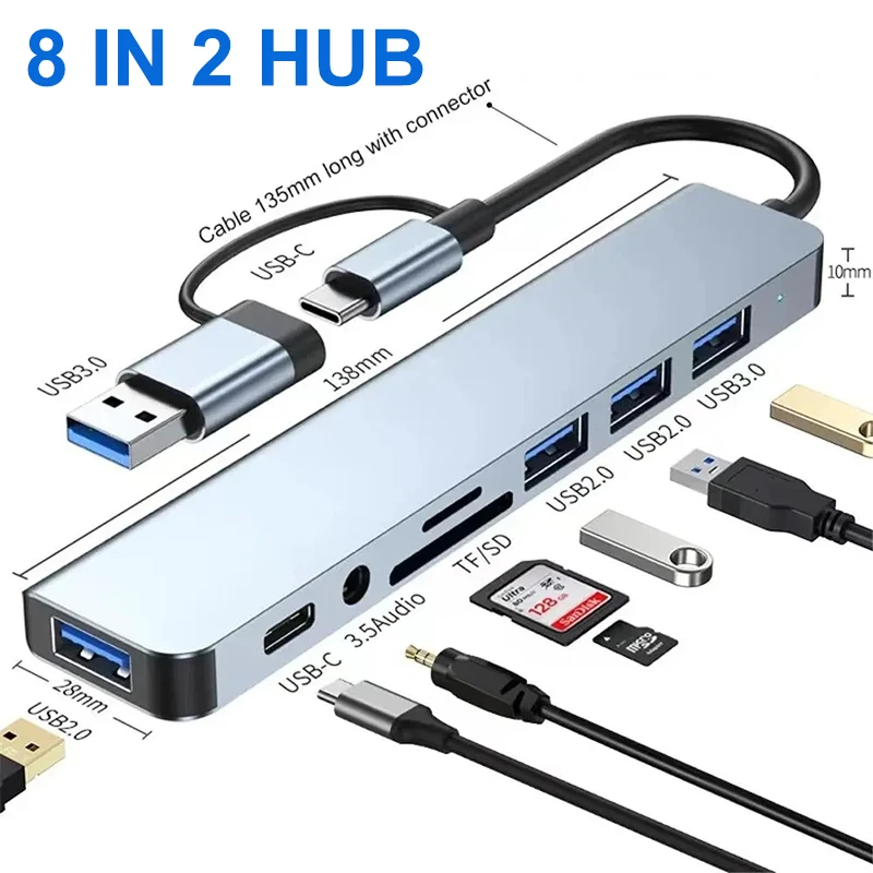 8in2 typeC docking station with 3.5mm audio jack micro SD reader for laptop tablet phone disk converter compact expander tool