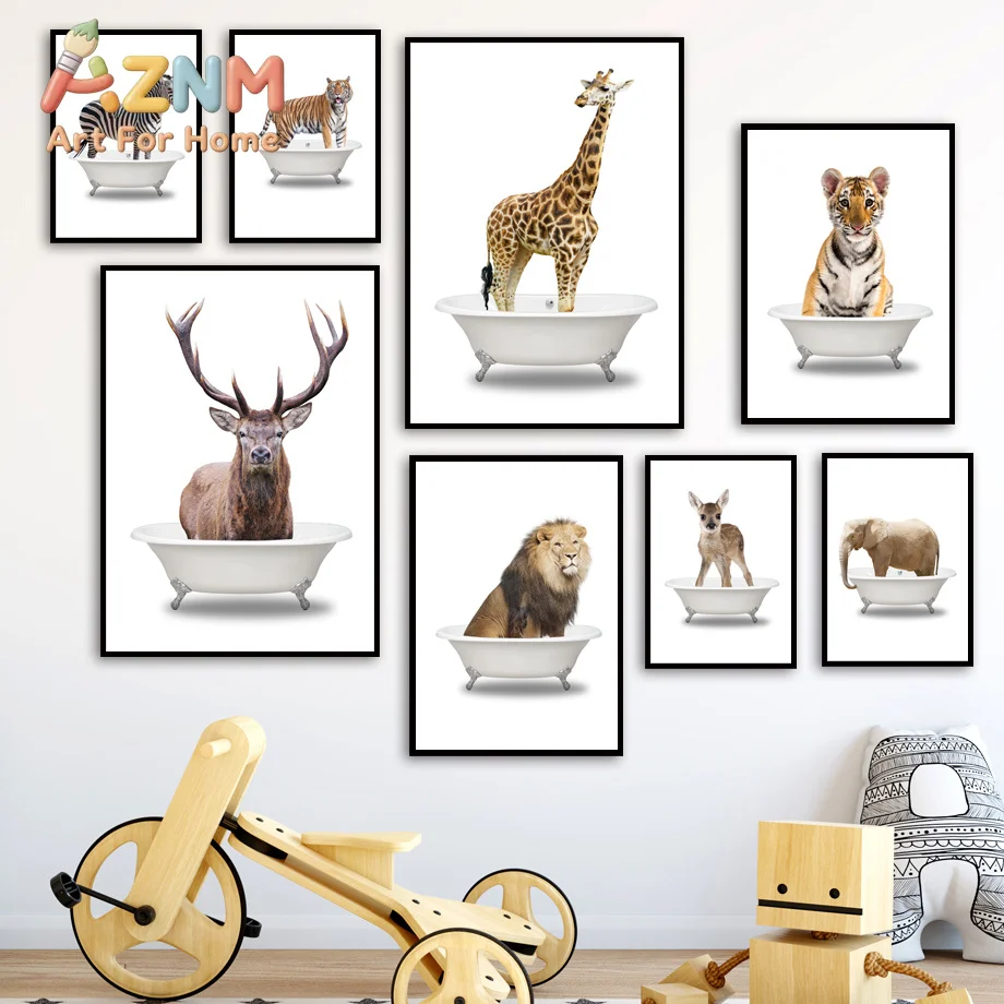 Elephant lion zebra giraffe Deer tiger Bathtub Wall Art Canvas Painting Posters And Prints toilet Wall Pictures baby Room Dec