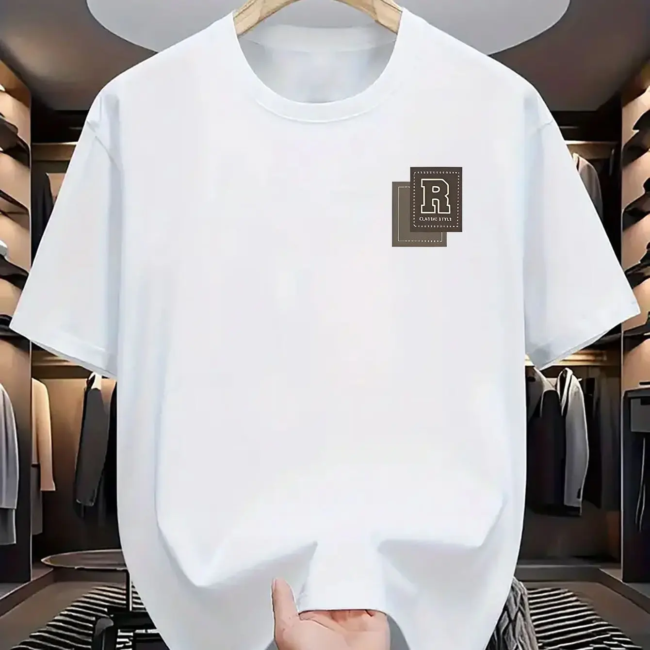 Family Matching T‑Shirt Letter R Square Badge Small Chest Print Minimal Streetwear Parent‑Child Loose‑Fit Casual Short SleeveTee