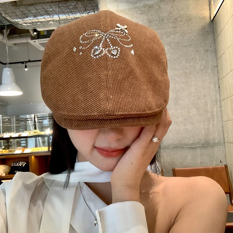 New Corduroy Diamond Bow Berets Cap Y2K Spring and Autumn Casual Versatile Vintage Maillard Brown Forward Hats for Women