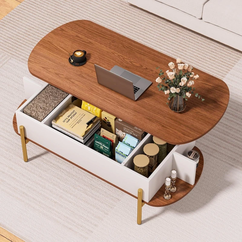Solid wood living room oval coffee table combination TV cabinet simple small apartment plate pattern tea table