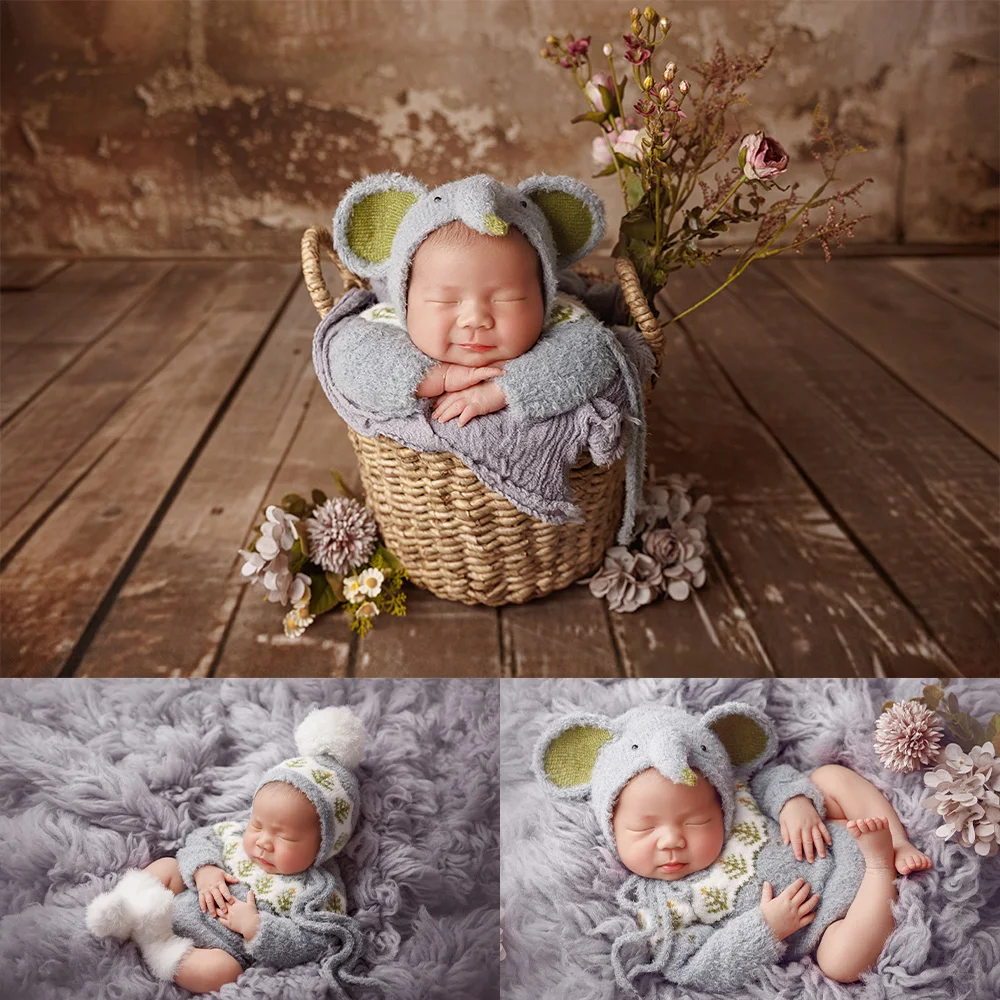 Newborn Photography Outfit Set Knitting Pom Pom Hat+grey Unisex Baby Romper+fur Socks Cute Elephant Hat for Baby Studio Shooting