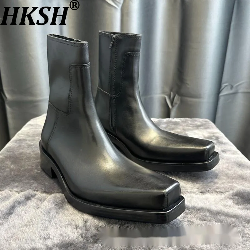 

HKSH Paris Home Темный стиль Британские нишевые высокие сапоги с квадратным носком Ботинки челси из натуральной кожи на толстой подошве с перевернутым носком и боковой молнией