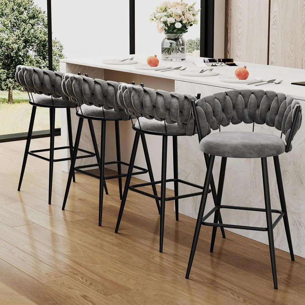 Set 4 Kursi Bar Tinggi Model Counter Warna Abu-abu Muda Modern dengan Sandaran Anyaman