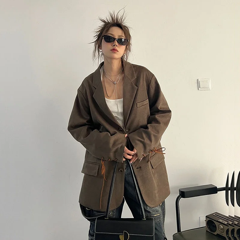 Spring Autumn Women Casual Coffee-color Suit Jacket Chic Cuff Lace-up Loose Notched Collar Long Sleeve Blazers Female Streetwear