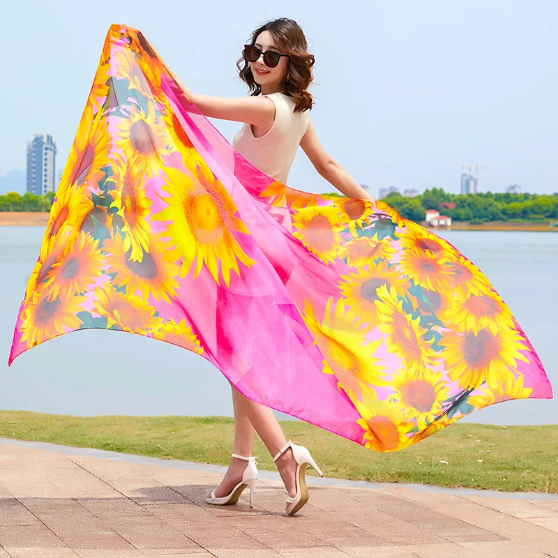 New Sunflower Print Silk Scarf Women Luxury Summer Beach Sunscreen Shawl Fashion Tulle Hijab Fashion Women\'s Chiffon Scarf