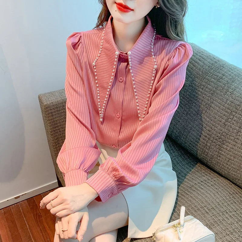 #2552 White Pink Long Sleeve Shirts Women France Style Ladies Tops And Blouses Pearls Vertrical Striped Shirts Female Autumn