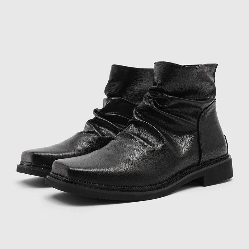 Botas de estilo coreano para hombre, zapatos informales de cuero natural, botines vaqueros negros a la moda, botas chelsea con punta cuadrada de diseñador, botas para hombre