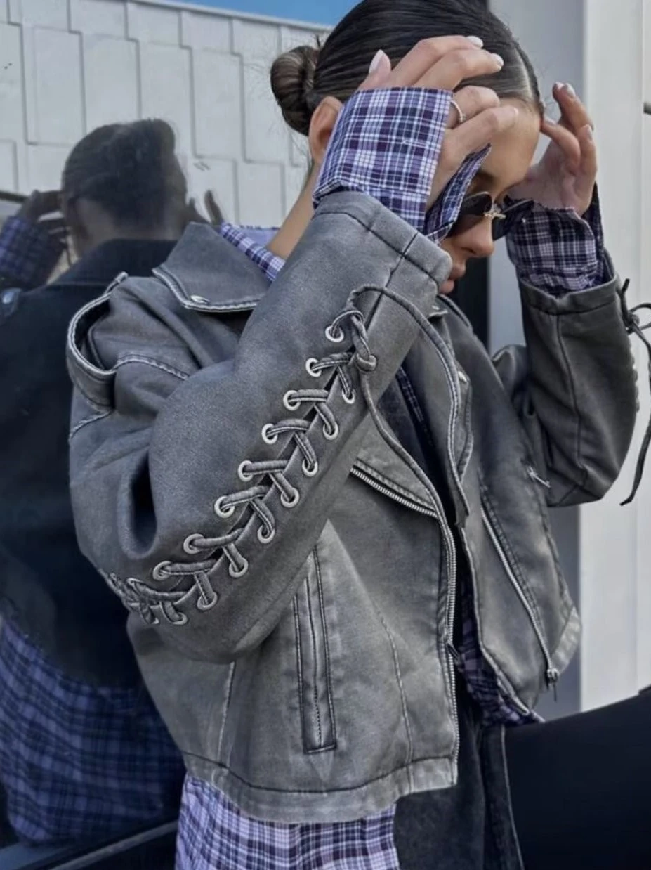 

Cool Punk Sle ort PU Leather Jaet with Belt Design Vintage Streetwear for Women Loose Fit Long Sve Zipper Closure