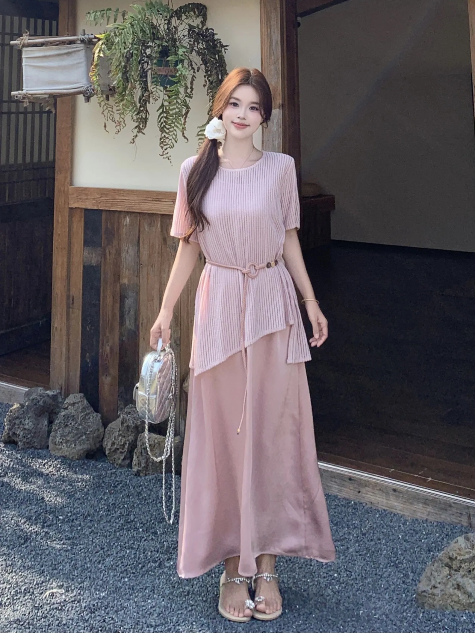 

plus Size Lazy Style Set Summer New Irregular Short Sleeve Cover up Top Waist Slimming Strap Dress Korean Loose Fit High Waist