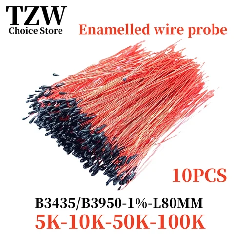 TZW 10PCS NTC Enamelled Wire Thermistor 5K 10K 50K 100K B3435 B3950 1% Temperature Sensor L80mm MF52B-103F3950BL80