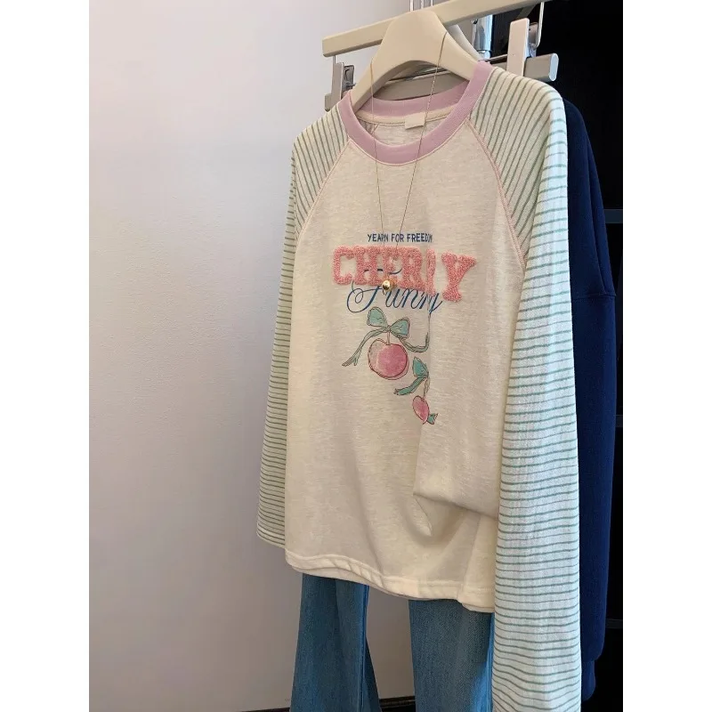 

Korean Style Cherry Stripe Long-sleeved T-shirt for Women 2025 New Autumn Loose and Versatile Casual Bottoming Round Neck Top