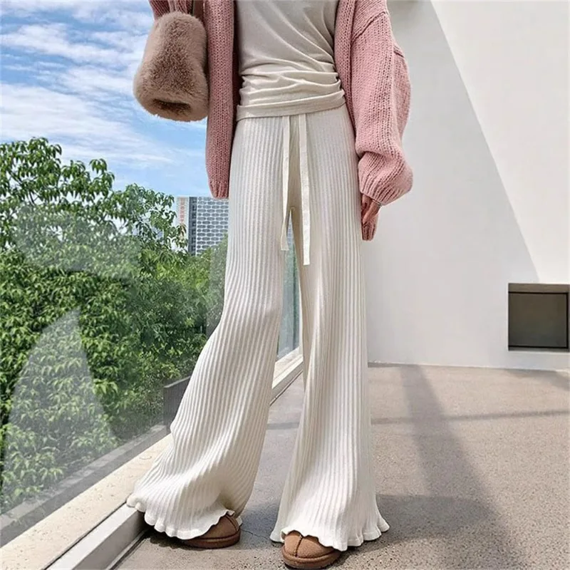 

Knitted Wide-leg Pants Women's Autumn and Winter Loose and Lazy Design Sense Ruffle Edge Casual Pants Texture Thin Flared Pants