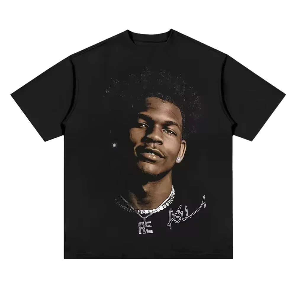 T-shirt en coton ample noir pour l'été 2026, avec impression d'honneur, motif de portrait de joueur de basket-ball en collage et texte d'équipe, pour adultes et enfants