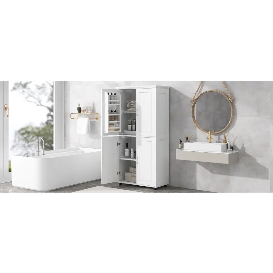 

Tall and Wide Bathroom Floor Storage Cabinet, Bathroom Storage Unit, Freestanding Cabinet with 4 Doors, Adjustable Shelves, Whi
