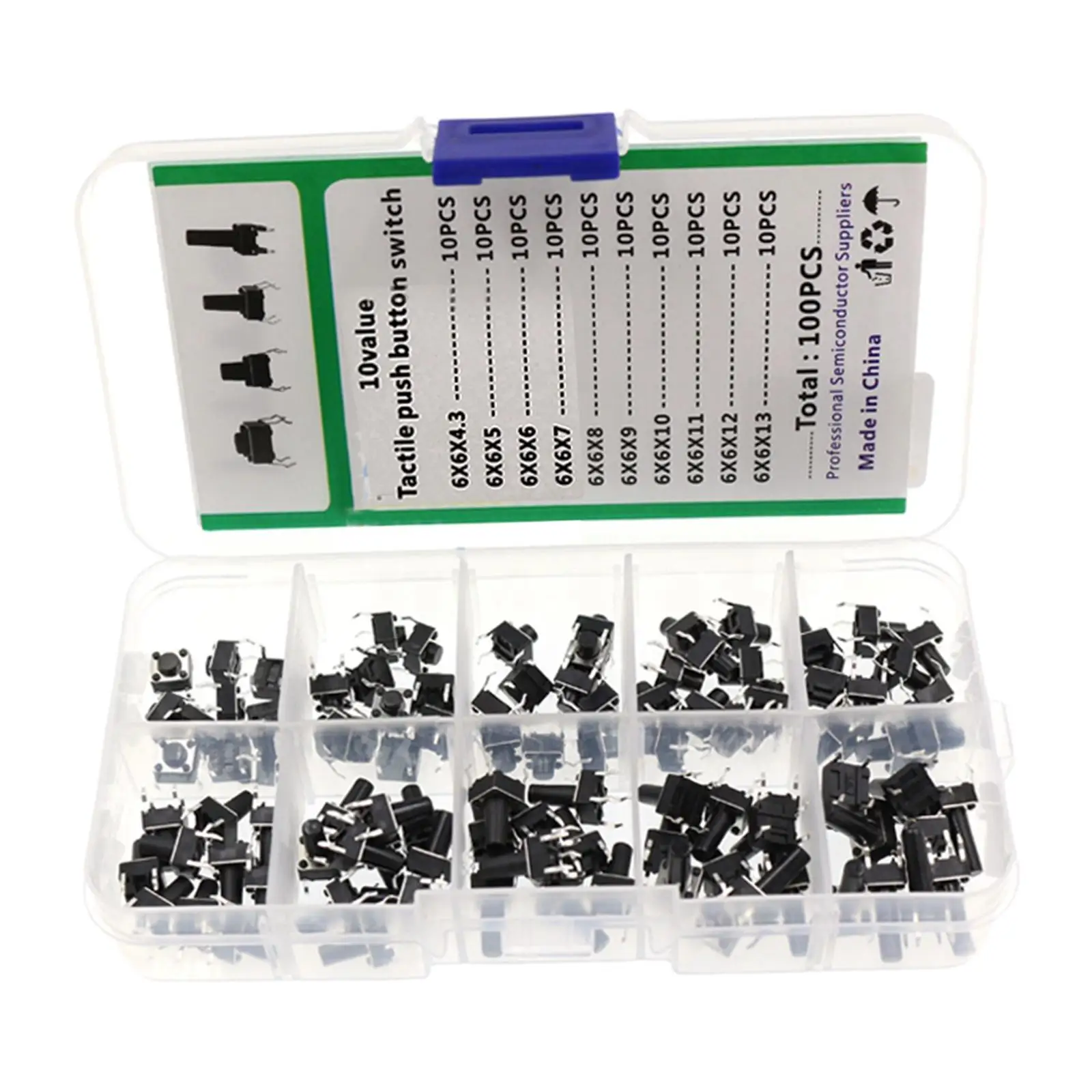 100 pièces, 10 broches, 6 x 6 mm, micro-interrupteur tactile momentané, bouton poussoir tactile avec boîte de rangement
