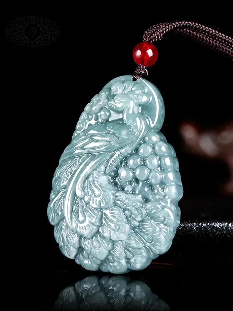 Natural A-Grade Blue Water Ice Jadeite Peacock Pendant Hand-carved Auspicious Jade Jewelry for Men And Women