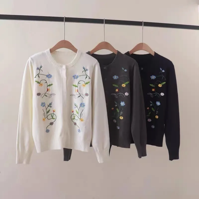 

New Fashion Flower Embroidery Knitted Sweater Women Autumn High End Elegant Long Sleeve O-Neck Single Breasted Cardigan Knitwear