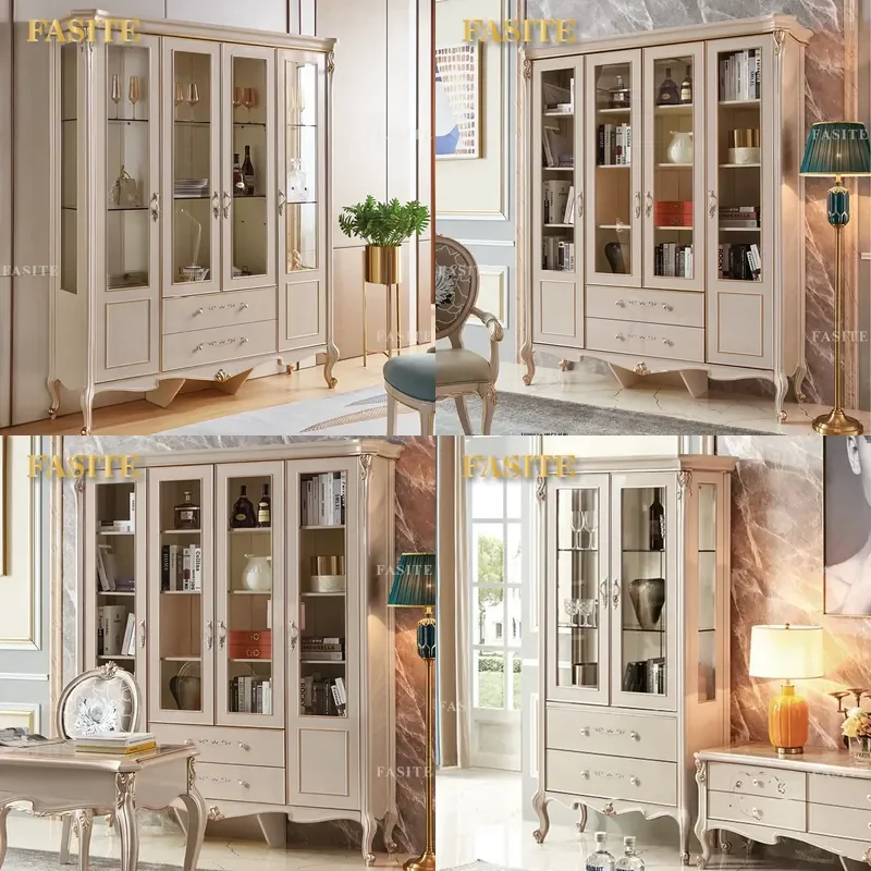 For European Luxury Royal Dining Room Classic Carved Wooden Frame Double Glass Door Wine Cabinet With Drawers Furniture