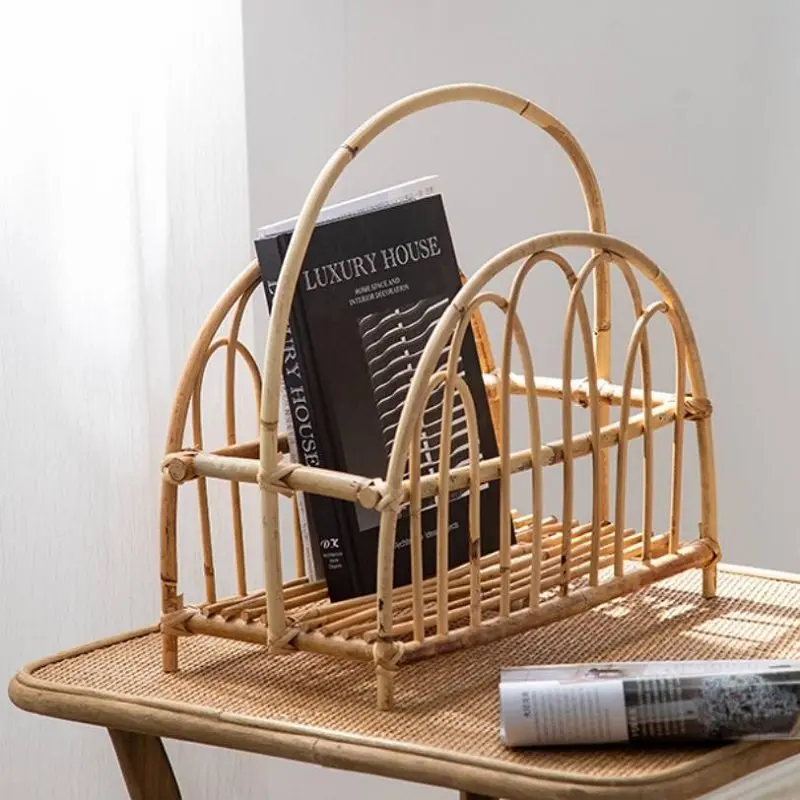 Nordic Style Wicker Magazine Rack Rattan Floor Storage Basket Bedroom Living Room Newspapers Holder