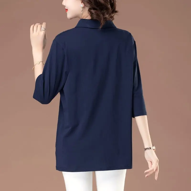 تي شيرت صيفي فضفاض مناسب للأم مقاس كبير مع أكمام ثلاثة أرباع قميص نسائي كاجوال لمنتصف العمر وكبار السن، Turn-d #5