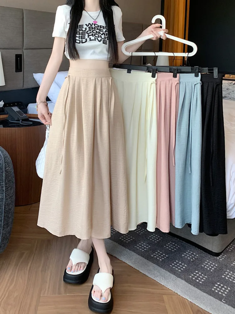 

New Fashion High Waist A-line Skirt Casual Elegant Summer All-match Basic Soft Casual Korean Style Design Retro Skirt