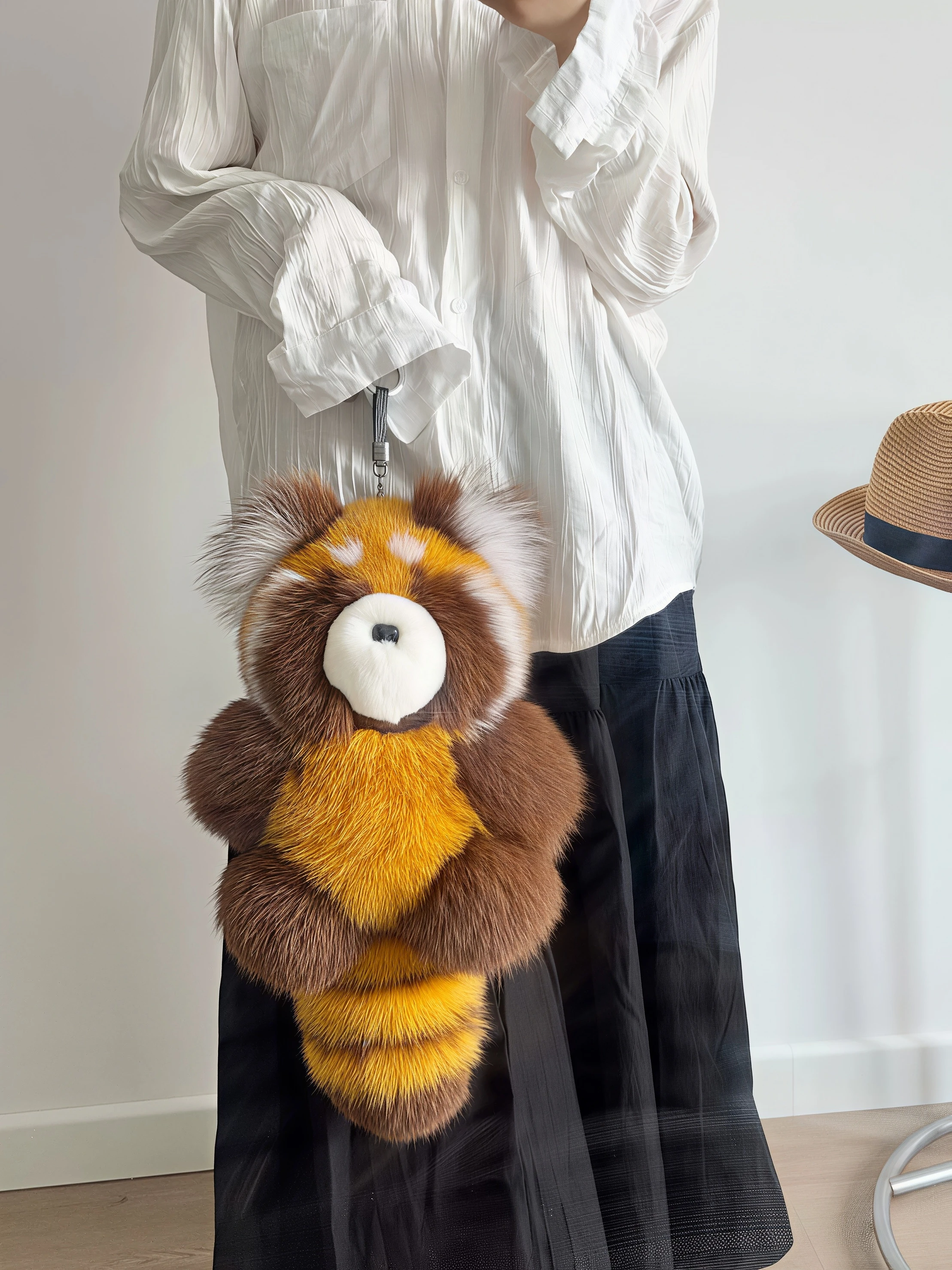 Oversized Fox Fur Raccoon Plush Doll Backpack Charm Women Fashion Fluffy Stuffed Toy Pendant Luxury Real Fur Birthday Gift