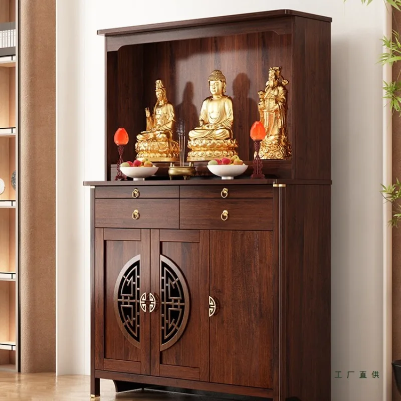 Solid wood household Guanyin Buddha statue of the God of Wealth is dedicated to the new Chinese vertical cabinet