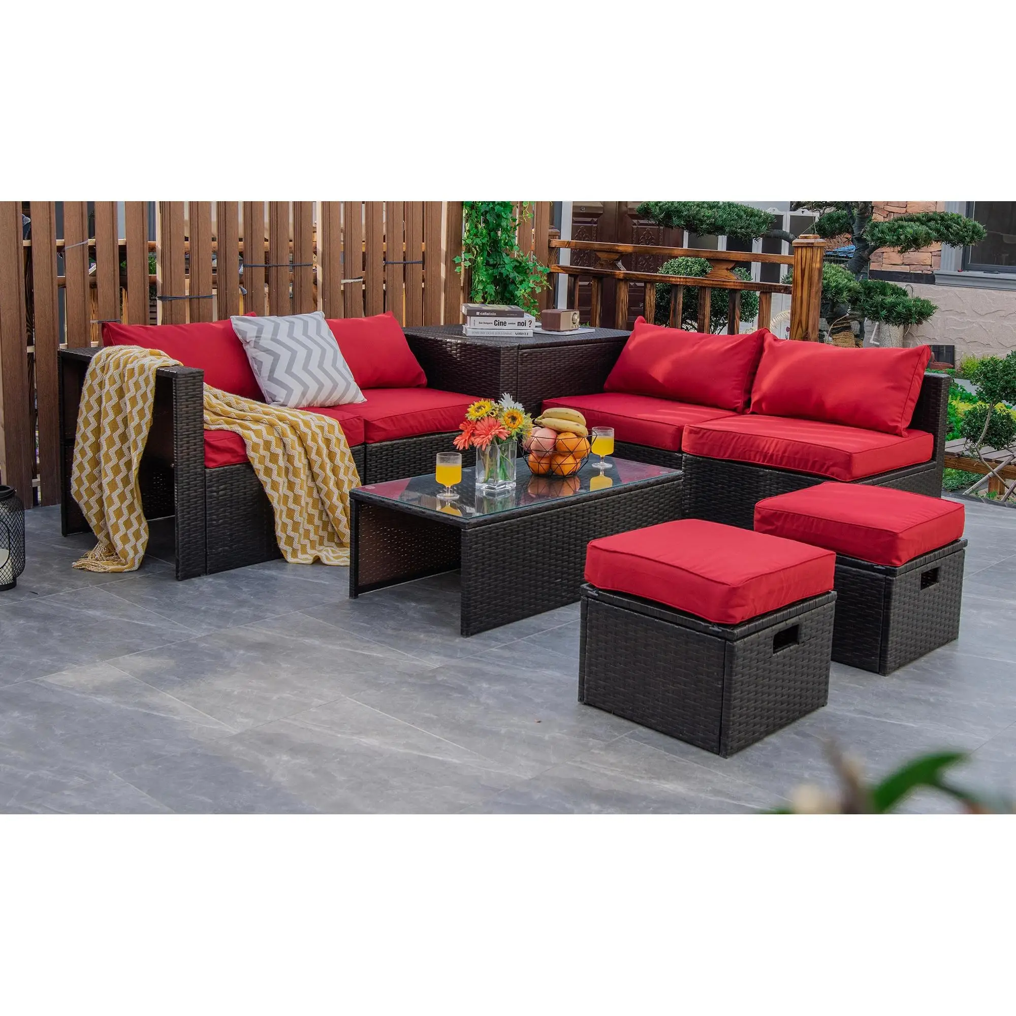 

8PCS Patio Rattan Furniture Set Space-Saving Storage Cushion Red cover