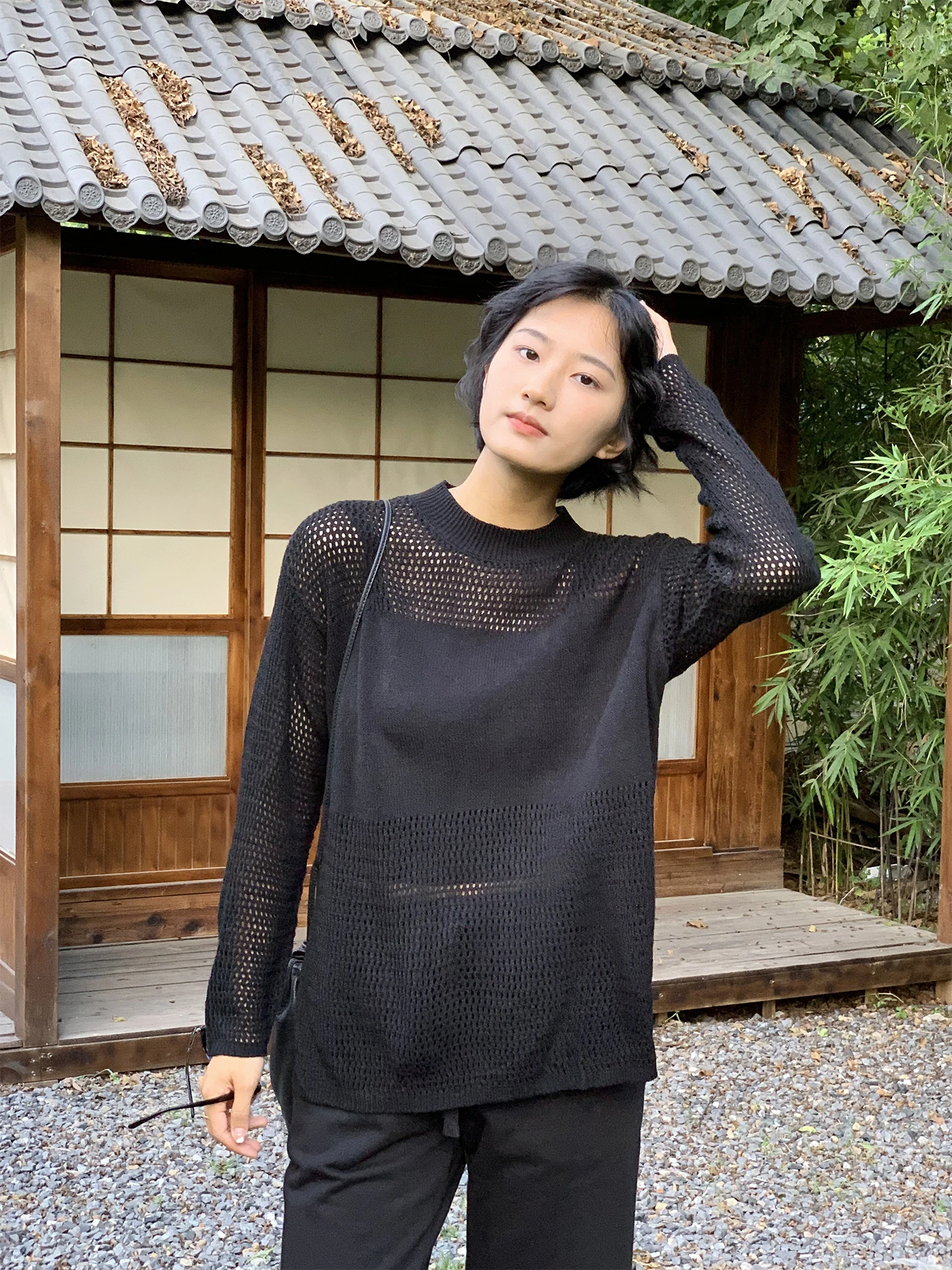 

Ele Bla Hollow out Knitted Long Sve T-irt Women's Faionable Top Quali Acrylic Commute Sle Low round Ne