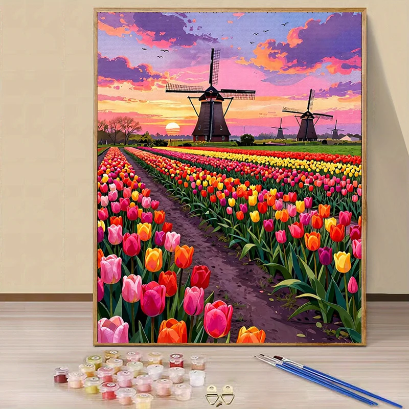 Professional Art Use, 2D/Flat Windmill with Blooming Colorful Tulips Landscape Pattern Digital Oil Painting Set Art Gift, DIY