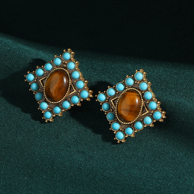 

Vintage Tiger Eye Stone Stud Earrings Turquoise Square Woman Bohemia Gold Color Elegant Luxury Quality Fashion Designer Gift New