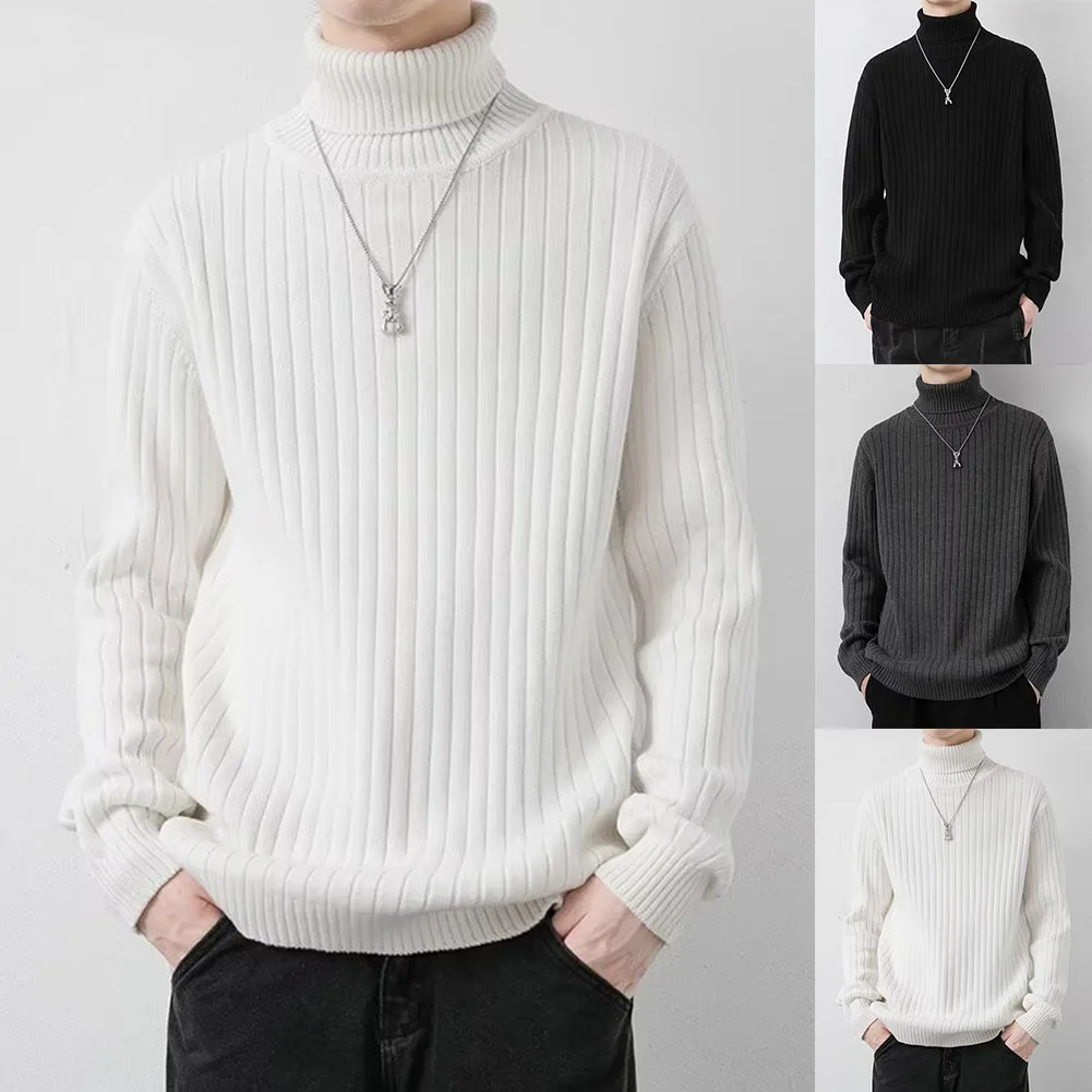 Mens Autumn Winter Long Sleeve Turtleneck Knit Sweaters Fashion Vintage Pullover Solid Color Warm Tops